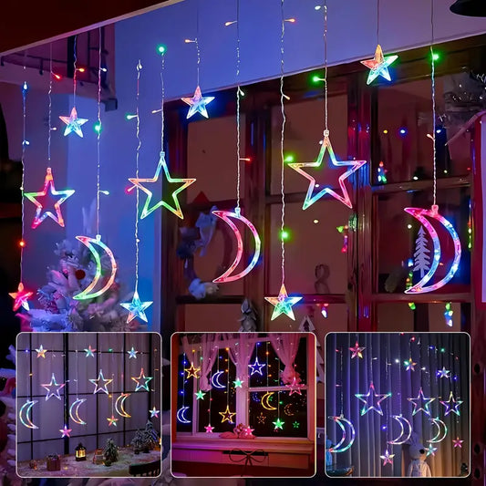 Cortina de Luz LED Navideña Multicolor de Estrellas y Lunas