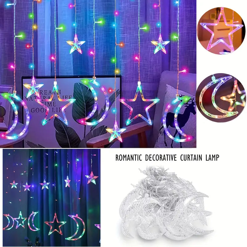 Cortina de Luz LED Navideña Multicolor de Estrellas y Lunas