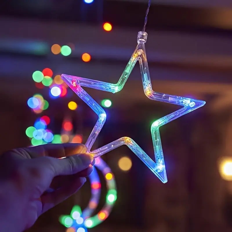 Cortina de Luz LED Navideña Multicolor de Estrellas y Lunas